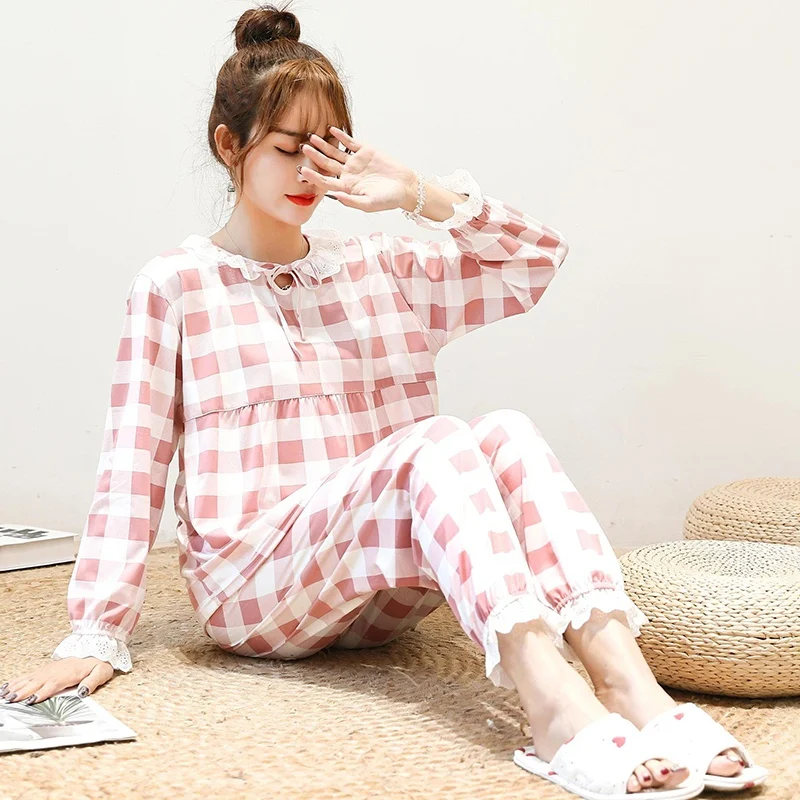 

Autumn Spring Women Fashion Sleepwear Set Cute Cotton Plaid Pattern Pajamas Set Thin Sleepwear Nightwear