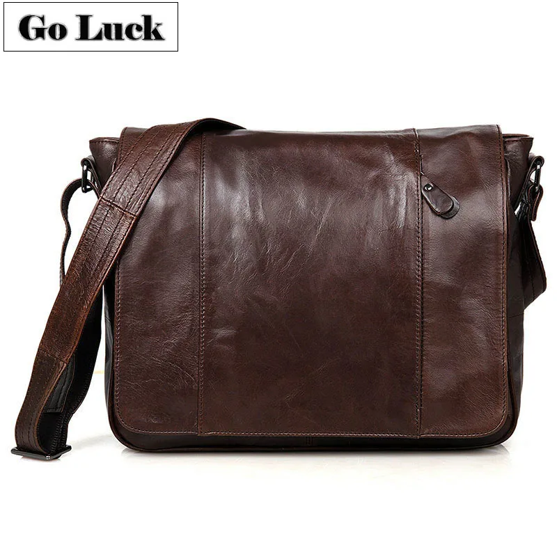 GO-LUCK Brand Top-grade Genuine Leather Men Messenger Bag Men's Crossbody Shoulder Bags Male Cowhide 13' Laptop Computer Pack