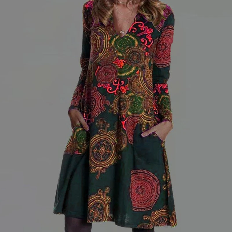 

Women Elegant V Neck Retro Printed Party Dress 2021 Spring Long Sleeve Pockets A Line Dress Streetwear Casual Plus Size Dresses