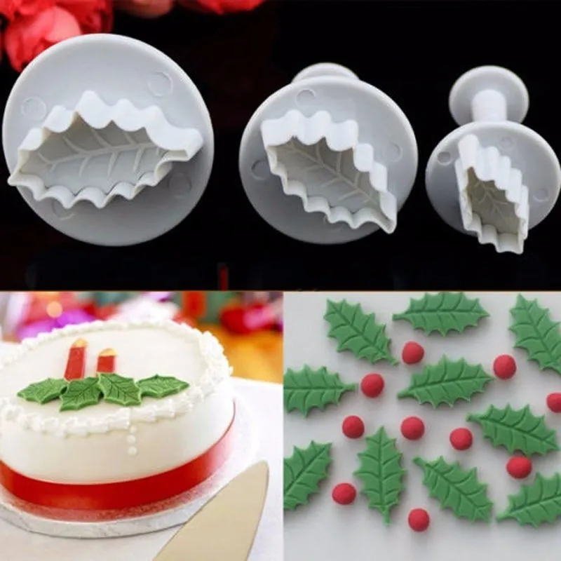 3 шт./компл. 3D Холли листьев печенья резец плунжера Fondant (сахарная) сахарные формы
