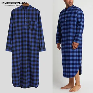 Модные рубашки с длинным рукавом и стоячим воротником ночная рубашка INCERUN мужские клетчатые сна халаты мужские свободного кроя на пуговицах, одежда для сна, повседневная решетки пижамы S-5XL