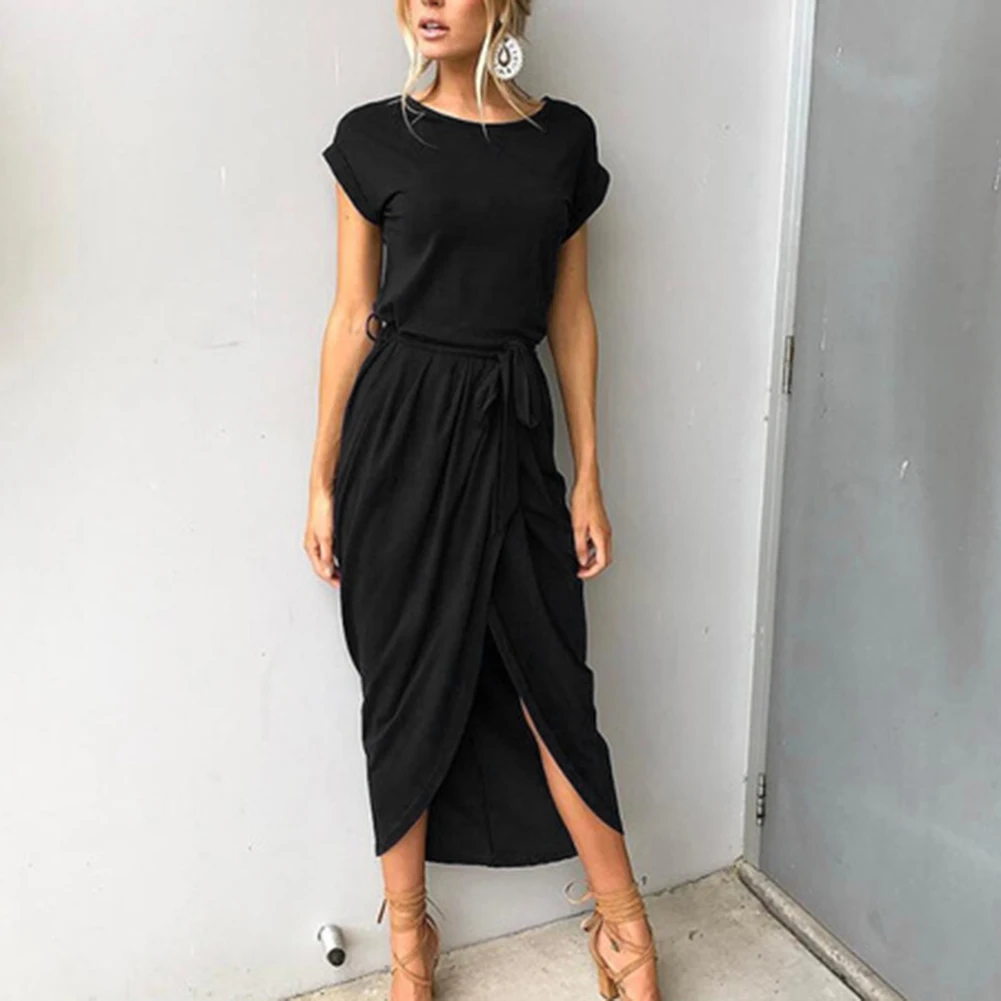 Женское однотонное платье с коротким рукавом трикотажное длинное пляжное