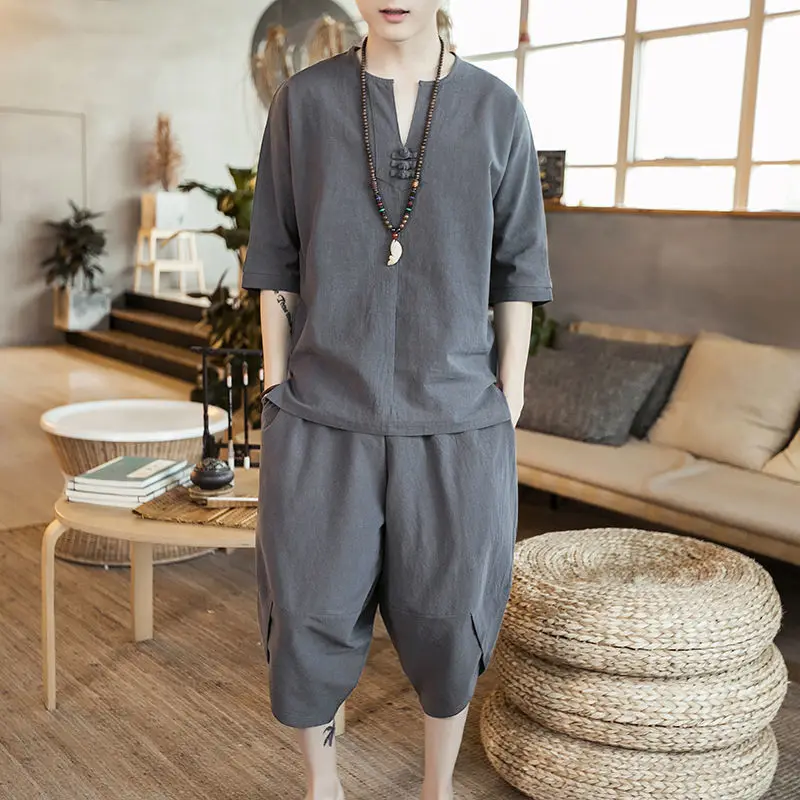 

New Linen Short Sleeve T-shirt Men's Suit Chinese Style V-neck Half Sleeve Sympathizing National Style Cotton Hemp Tang Dynasty