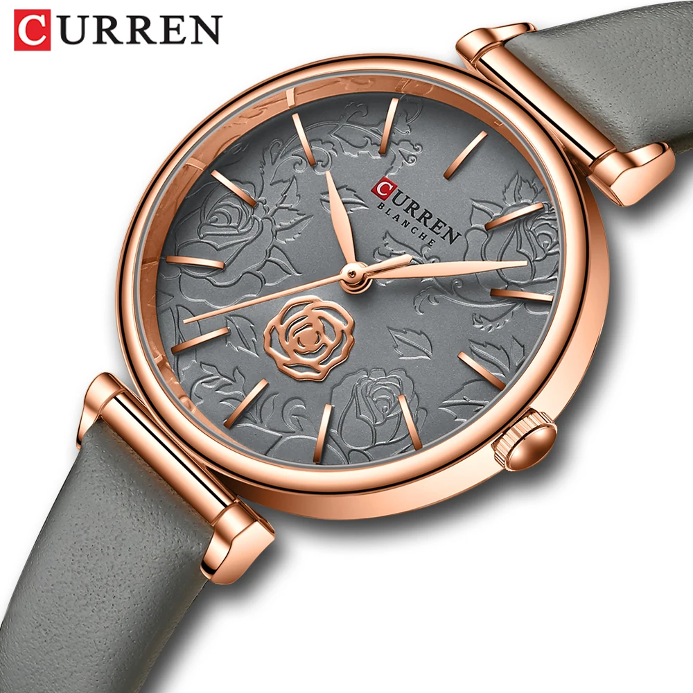 

CURREN Ladies Watches Luxury Women's Clock Flower Dial Quartz Wristwatches 2021 Fashion Leather Female Branded Bracelet 9078