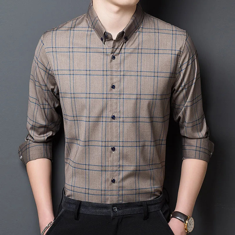 

Рубашка мужская классическая в клетку, модная дизайнерская брендовая приталенная, с длинным рукавом, в клетку, повседневная одежда