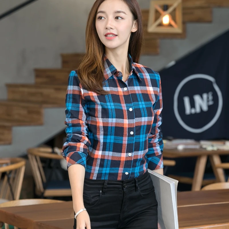 Women Plaid Shirt Checks Flannel Female Long Sleeve Tops Blouse 2019 Spring New Fashion Casual Lapel Plus Size 4XL Blouses | Женская