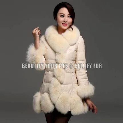 

Top quality European Style Plush Genuine Fox Fur trimed Real Sheepskin Leather Down packa Women's down jacket casaco feminino