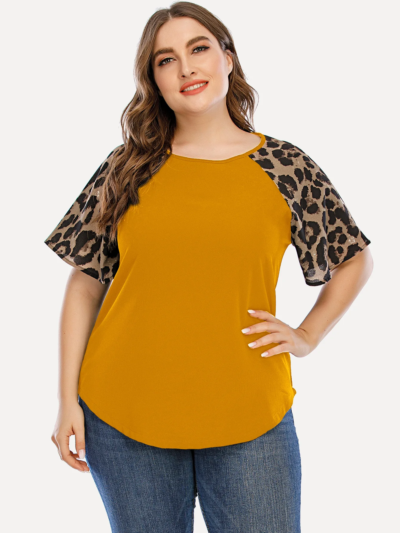 

Summer Tops Loose Patchwork Leopard Short Sleeves O-Neck Plus Size L-4Xl Women Clothing Casual Comfortable Curved Hem T-Shrits
