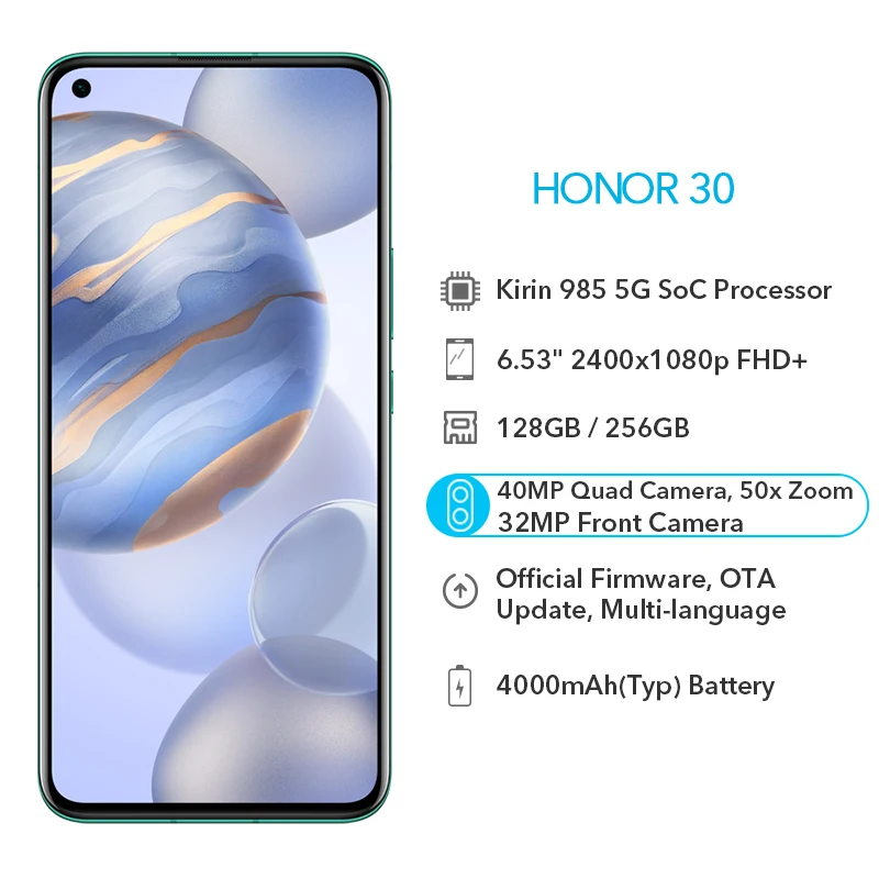 Оригинальный мобильный телефон Honor 30 6 ГБ 128 ГБ/8 256 Восьмиядерный процессор Kirin 985 50x