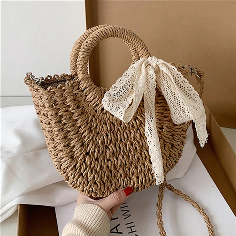

New Straw Bag Women Hand-Woven Handbag Moon Shape Rattan Bag Big Capacity Drawstring Casual Travel Beach Shoulder Bag