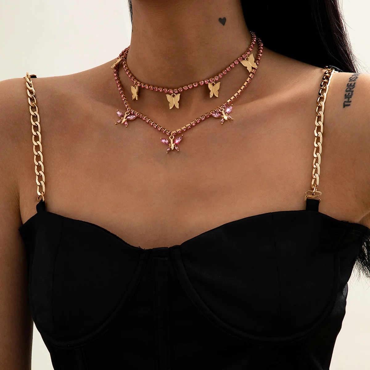 

New Brand Butterfly Pendant Necklaces For Women Fashion Pink Crystal Multilayer Choker Necklace Bohemian Jewelry