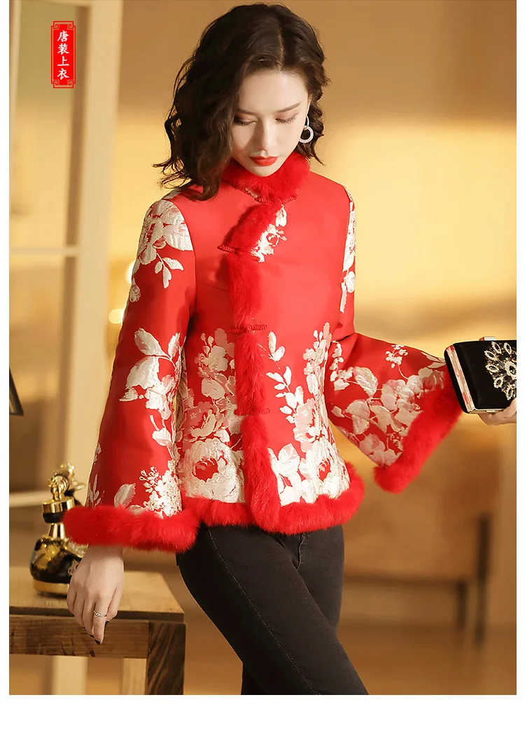 new year chinese-style dress Tang Costume collar cotton-padded jacket retro printing long-sleeved Short coat winter jackets