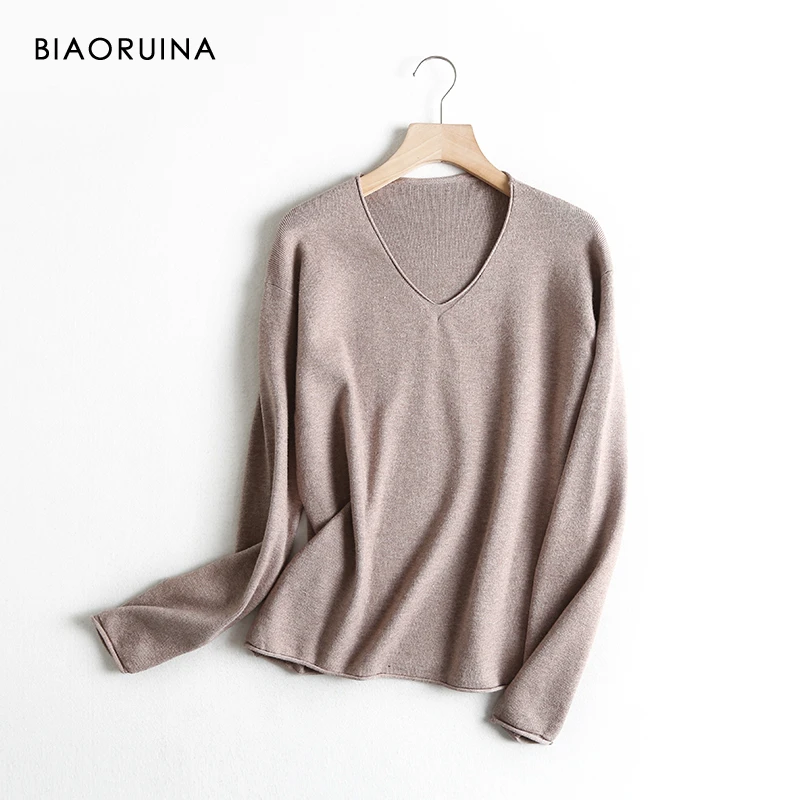 BIAORUINA 4 Color Women's Casual Basic All-match Thin Knit Sweater Female V-neck Sweet Pullover Long Sleeve Loose Sweaters | Женская