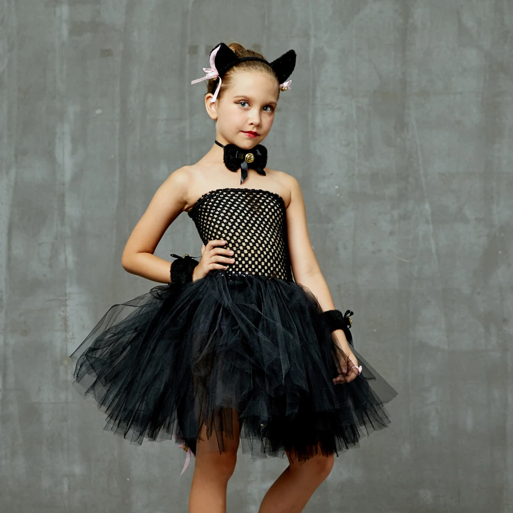 

Girls Black Cat Costume Dress Masquerade Gown Animal Baby Dresses For Halloween Scary Costumes Photoset Clothing Robe Vestidos