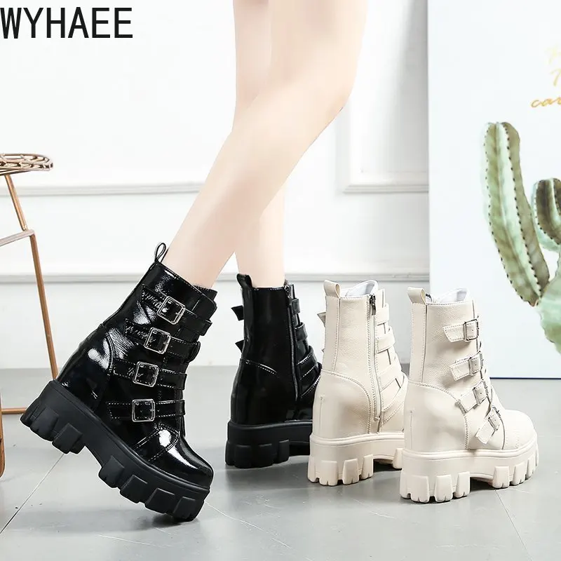

New Women Autumn Punk Style Boots Platform Sneakers Thick Sole Ankle Boots Wedges 10CM Autumn High Heel Motorcycle Boots Woman