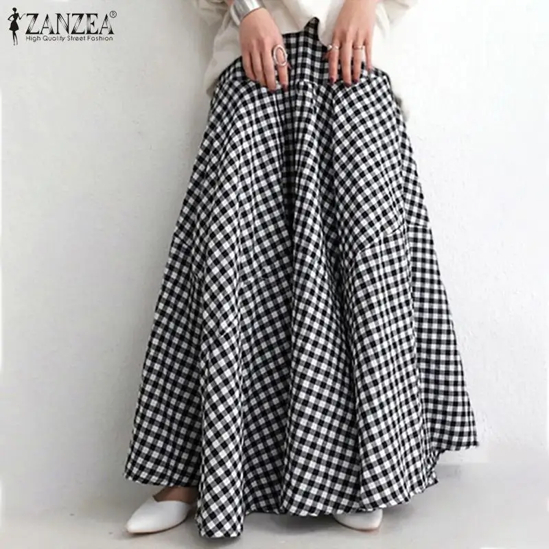 

Осенний клетчатый сарафан с эластичной талией 2021, женская повседневная юбка с принтом в клетку ZANZEA, элегантные Лоскутные клетчатые юбки, Ха...