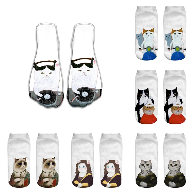

Creativity Cats Printed Low Ankle Socks For Unisex Fashion Funny Art Cotton Short Socks Cute Women Harajuku Happy White Socks