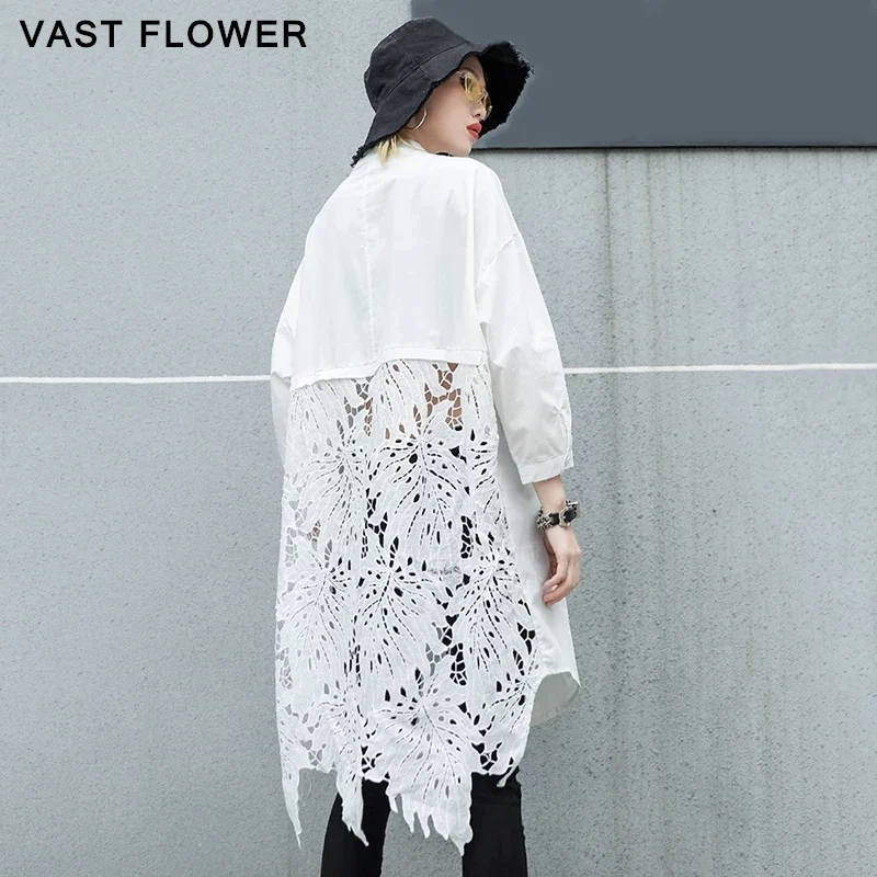 

Женская кружевная блузка с вырезом сзади, свободная рубашка большого размера с воротником-стойкой и длинным рукавом, модная одежда на весну...