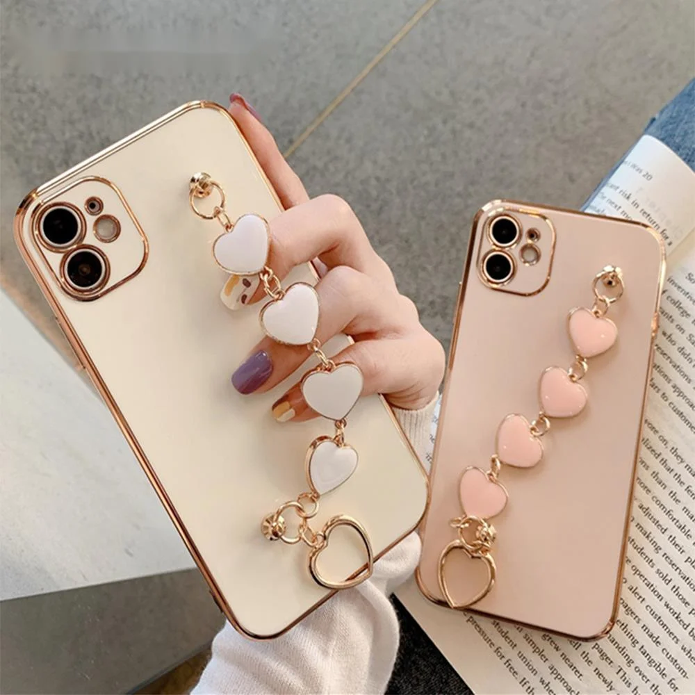 

Luxury Plating Love Heart Chain Wrist Bracelet Phone Case For iPhone 12 13 Pro Max 11 Pro Max X XS XR 7 8 Plus SE 2020 Soft Capa