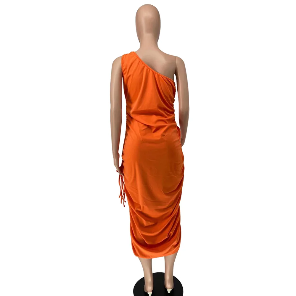 

One shoulder HAOOHU Summer Sexy Dress Elegant Fashion Drawstring Adjustable Midi Dress for Women's Suspender Dress 3 colors