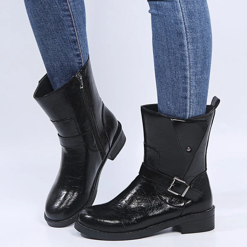 

Новинка 2021, женские ботинки на низком каблуке, ботинки на молнии сбоку, женские ботинки до середины икры, модные черные женские ботинки на за...