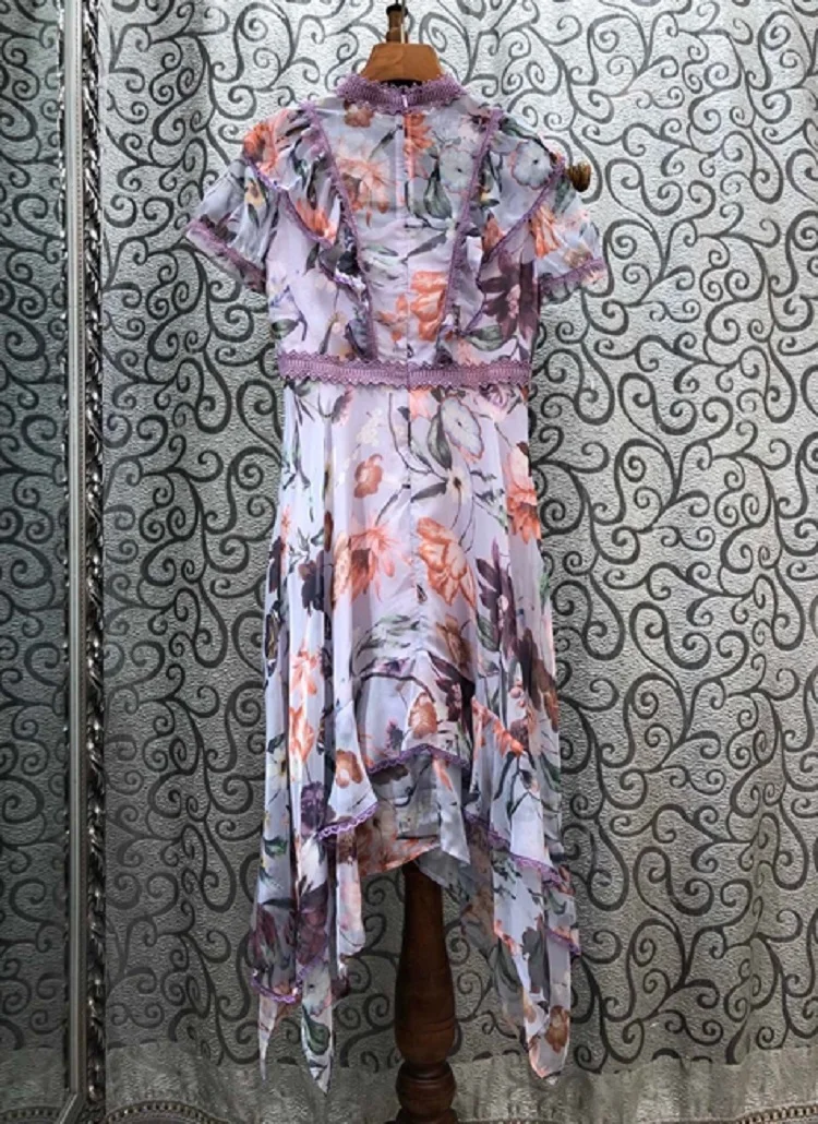 

Fashion 2021 Summer Runway Style Dress Women Elegant Flower Print Purple Lace Patchwork Short Sleeve Sexy Asymmetrical Dress