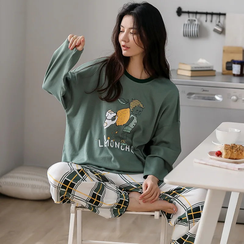 Осенний теплый женский пижамный комплект пижама из чистого хлопка зеленый