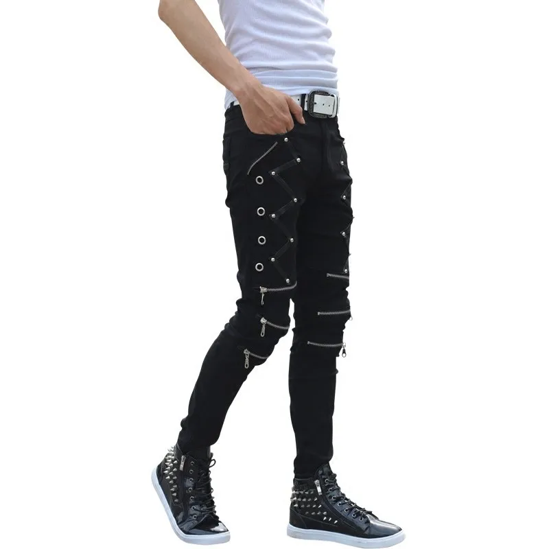

Autumn Casual Pants Mens Fashion Slim Fit Pencil Pants Male Black Elastic Skinny Trousers Personality Zipper Punk Biker Pants