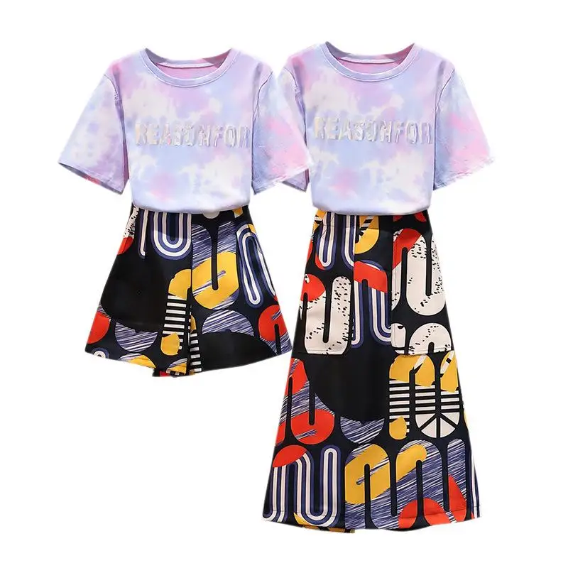 

ICHOIX L-4XL tie-dye letter t-shirt women 2 piece set tops and skirt set Korean 2 piece outfits summer set clothing plus size