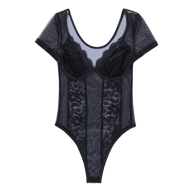 Shestyle Mesh Lace Bodysuits Women 2021 Spring Sexy V Neck Embroidery Flower Black Short Sleeve Wrap Sexy Clothes Outfits sexy bodysuit
