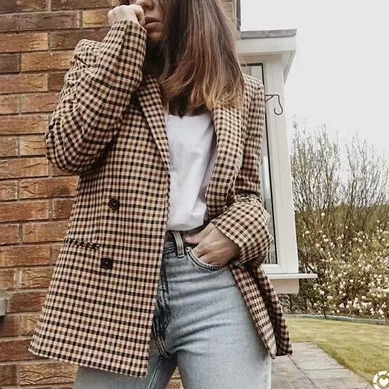 

High Quality Women Fashion Blazer Plaid Slim Cardigan Suit Commuter Double Breasted Long Sleeve Blazer
