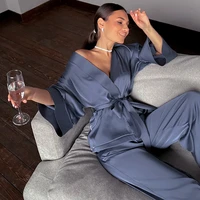 hechan solid women robes with sashes 2 piece set wrist sleep tops satin pants loose pajamas casual sleepwear female home suits