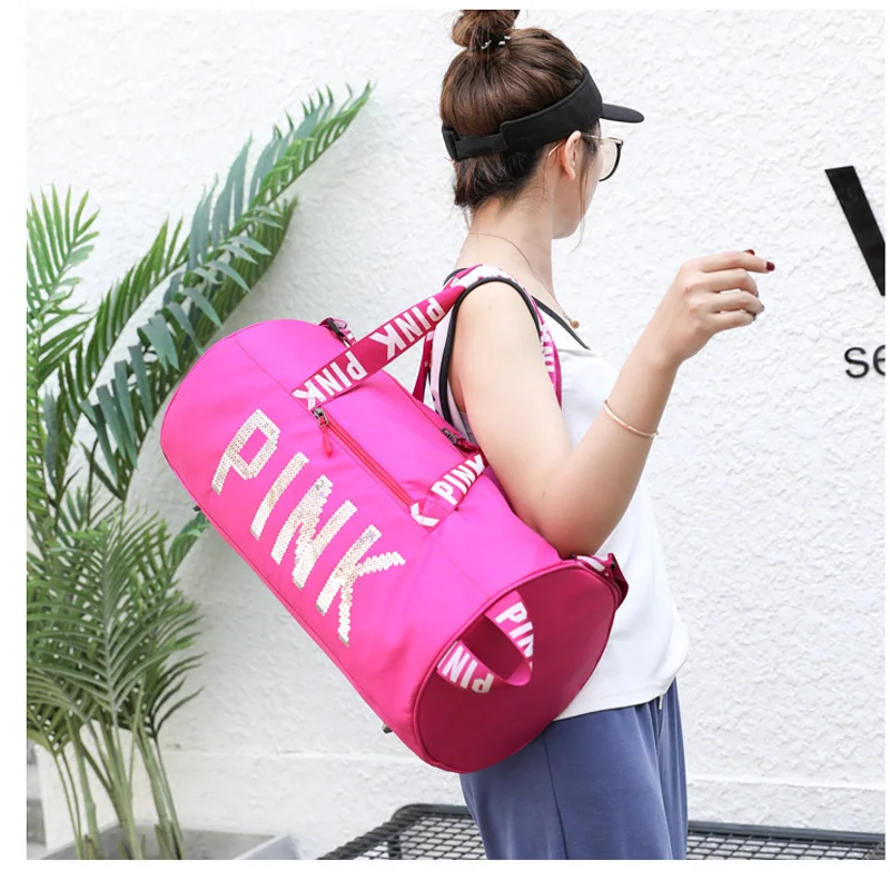Large Capacity Women Travel Bag Fitness Training PINK Bag Sequins Letter Outdoor Sports Yoga Handbag Sports Girl Crossbag