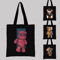 canvas shopping bag student teddy bear series canvas tote bag black printed large capacity fashion foldable womens shoulder bag