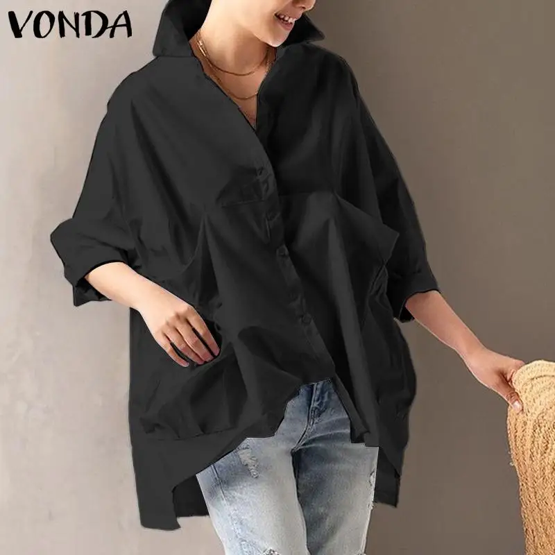 

Women Shirts 2021 VONDA Casual Turn Down Neck Long Sleeve Solid Blouses Elegant Tops Femme Casual Bohemian Blusas S-5XL Tops