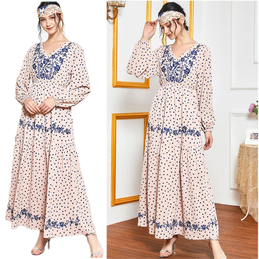 

Длинное платье в горошек с вышивкой для мусульманских женщин Abaya Arab Jilbab Dubai Ramadan Maxi Robe богемное весеннее платье с v-образным вырезом и длинным...