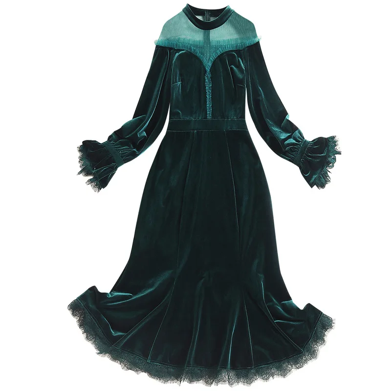 

AELESEEN Runway Fashion Velvet Dress Women Full Sleeve Ruffles Mesh Patchwork Green Flare Sleeve Elegant Slim Party Long Dress