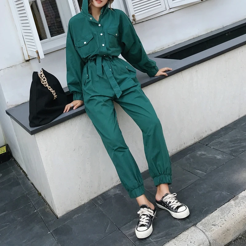 RICININA комбинезон размера плюс женский с длинными рукавами отворотом на кнопках