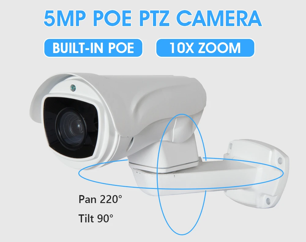 

5.0MP POE 10X PTZ IP Camera H.265 Outdoor 5.1-55mm Optical Zoom IR 80m ONVIF P2P CCTV Security Waterproof Night Vision POE PTZ