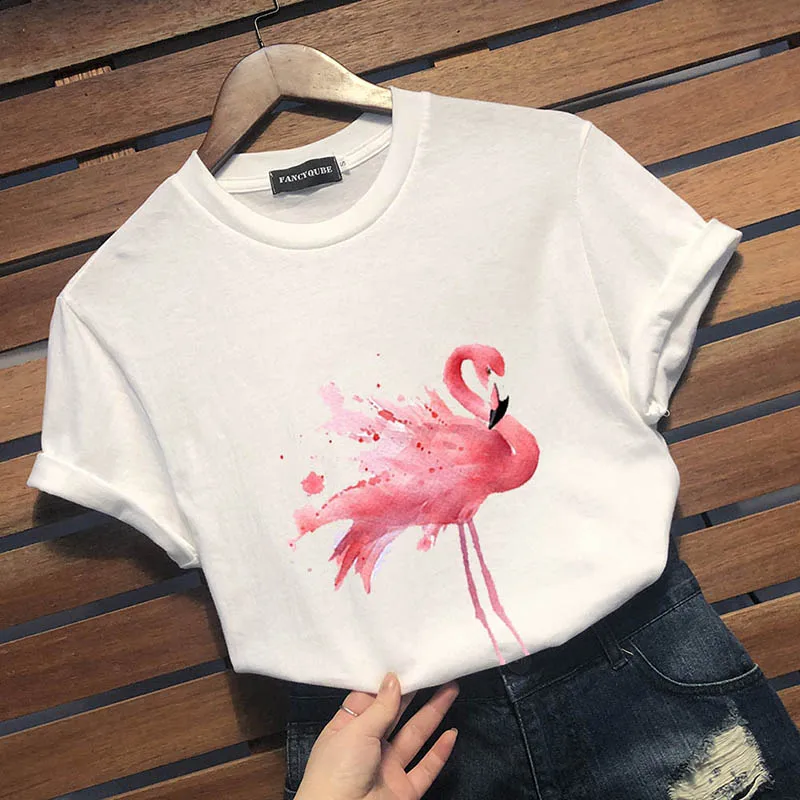 

A 2020 NEW Summer Women Fashion White Tee Top Casual O Neck Short Sleeve Sweet Pink Flamingos Printed Femme T-shirt