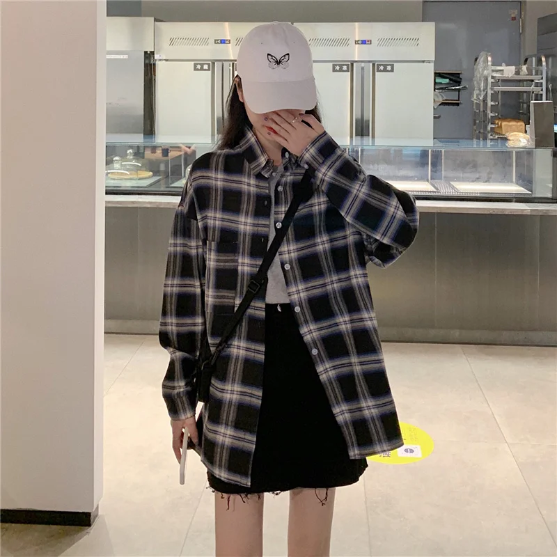 

Real Shot Spring and Autumn Clothing Plaid Shirt Coat Women's Retro Hong Kong