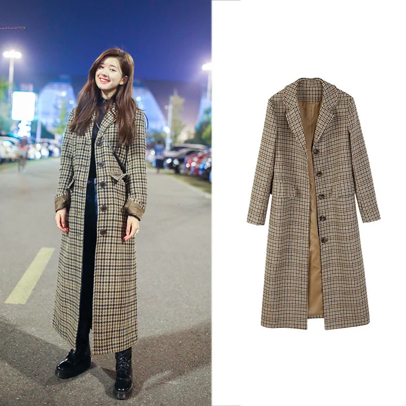 

Zhao Ruth star same style small fragrance camel checked wool coat wool coat women's autumn and winter 2021 new style