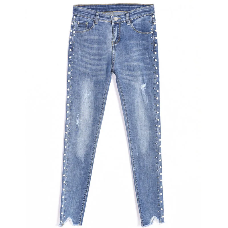 Летний светильник размера плюс с бусинами синие капри Джинсы 4Xl 5Xl Стрейчевые