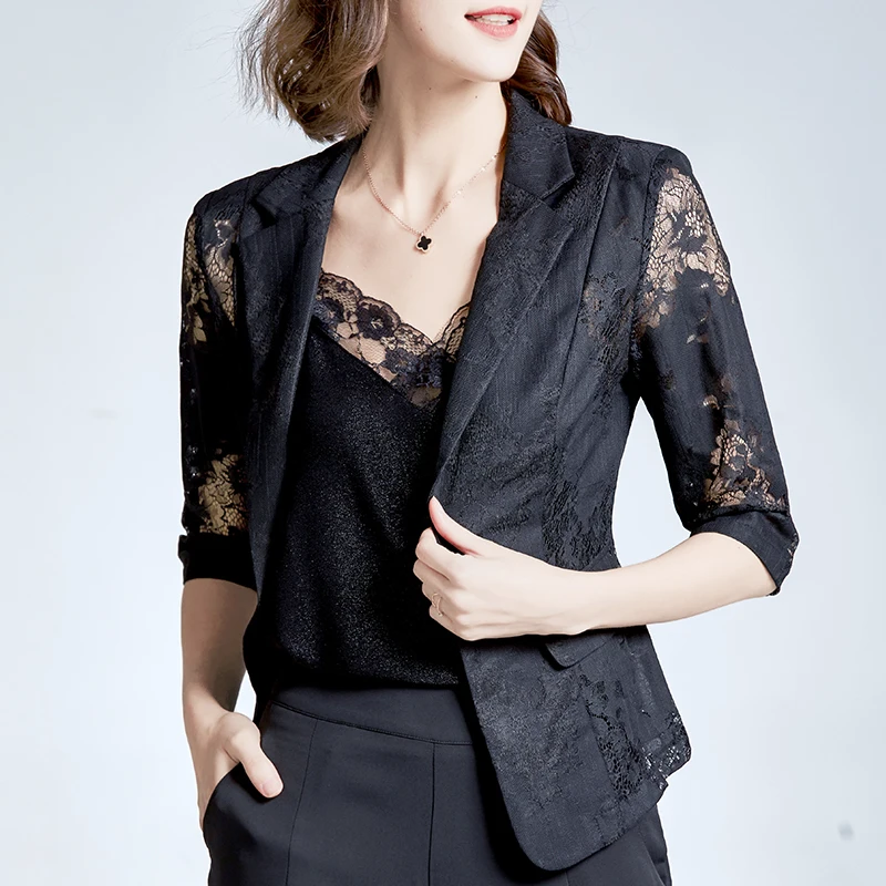 

2021 spring suit women's lace shawl slim hollow chain link flower temperament mid-sleeve jacket