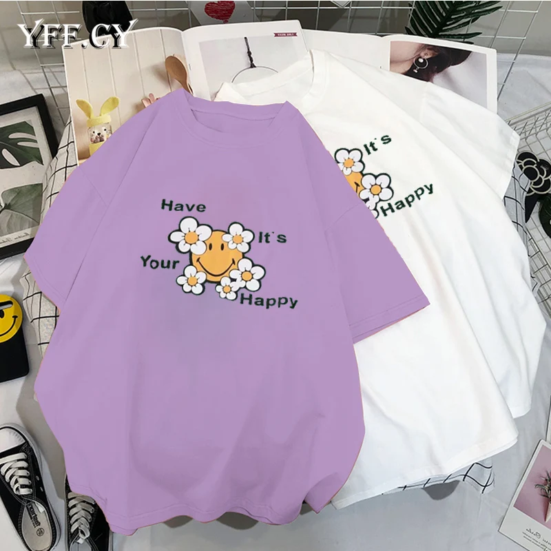 

Женская футболка с круглым вырезом и цветочным принтом, свободная повседневная футболка с коротким рукавом, летние пуловеры для девочек 2020,...