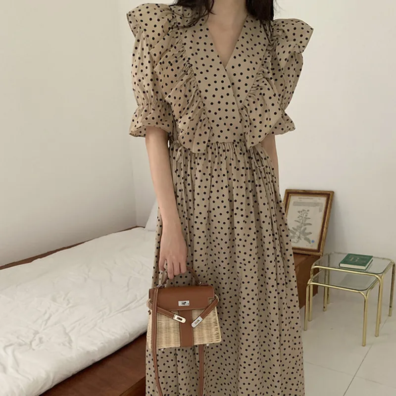 

Vintage Elegant Dot Print Chiffon Dress 2020 Summer V-neck Flounced Dresses Puff Sleeve Long Beach Dress Vestidos