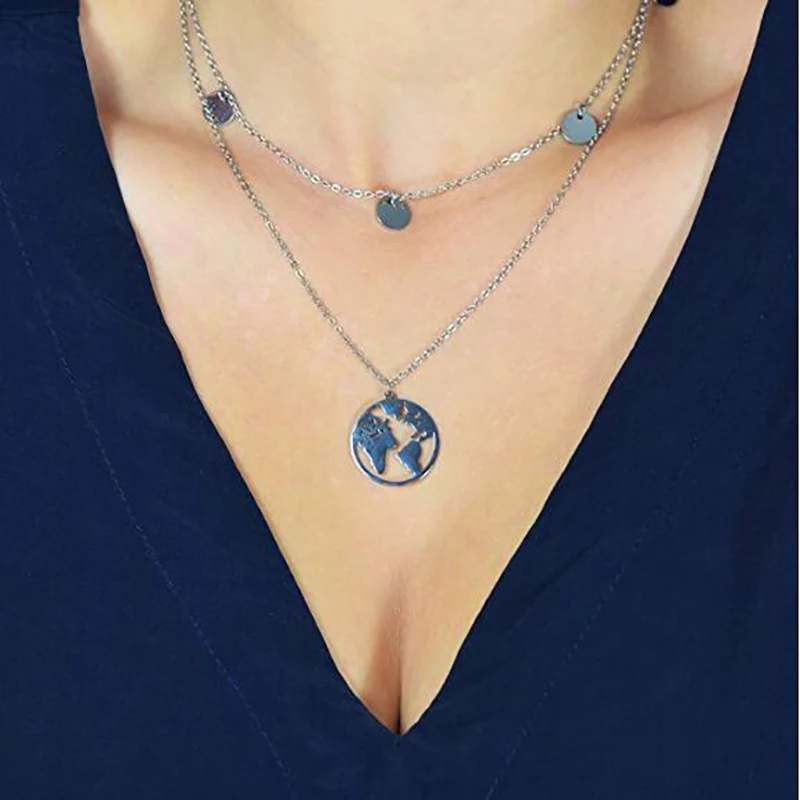 Модное золотистое ожерелье с подвеской в виде карты мира простое многослойное