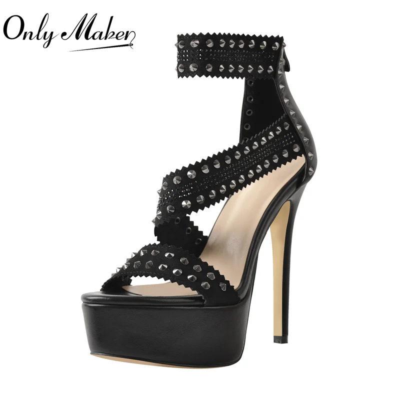 

Onlymaker Summer Women Platform Sandals Matte Black Rivet Ankle Band Peep Toe Stiletto High Heels Shoes Zipper Large Size