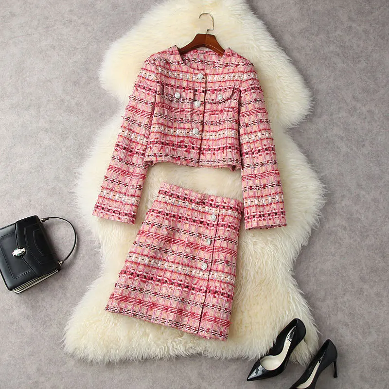 

Women Pink Tweed Skirt Suits 2021 Autumn Winter Dress Set Designer Woolen Short Jacket Coat + Mini Skirt Vintage 2 Piece Outfits