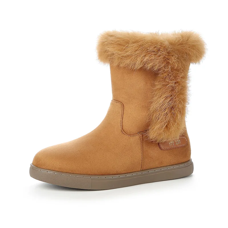 Rabbit Hair snow boots women brown slip on chelsea cotton botas winter warm plush fur shoes ladies booties mid-tube flat botines | Обувь